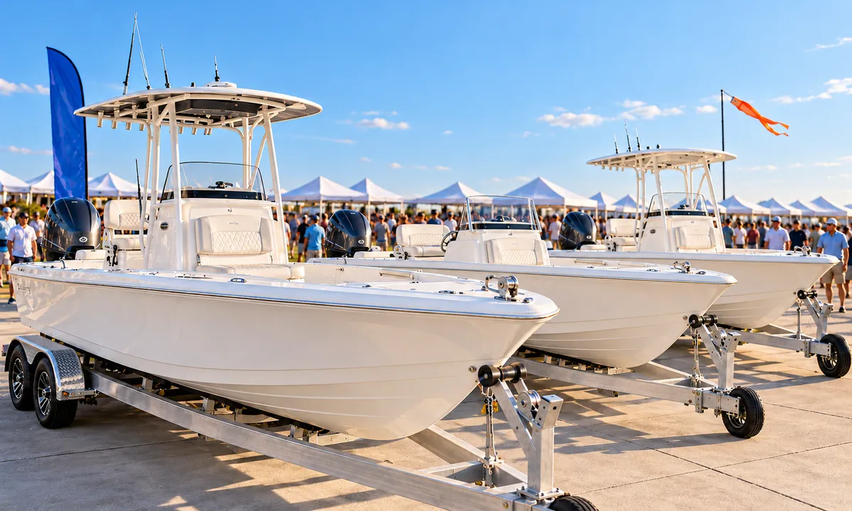 White center console bay boats on trailers at the show, with feather flags and crowds behind