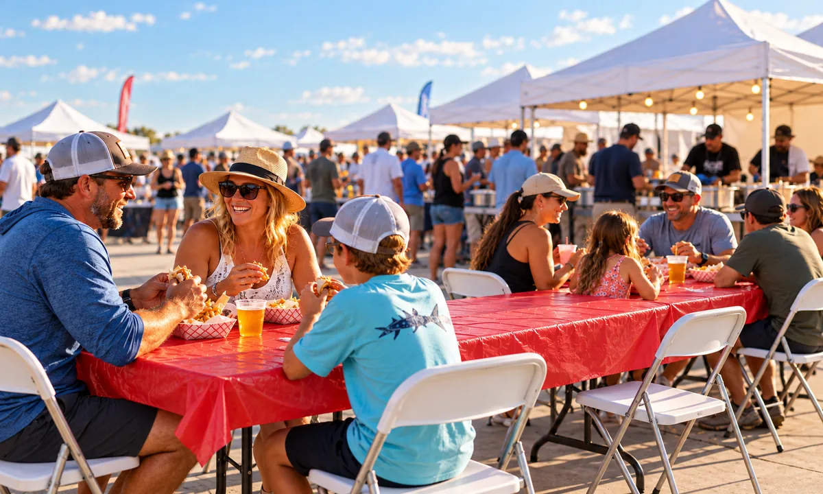 Families eating and drinking at tables under the white tents