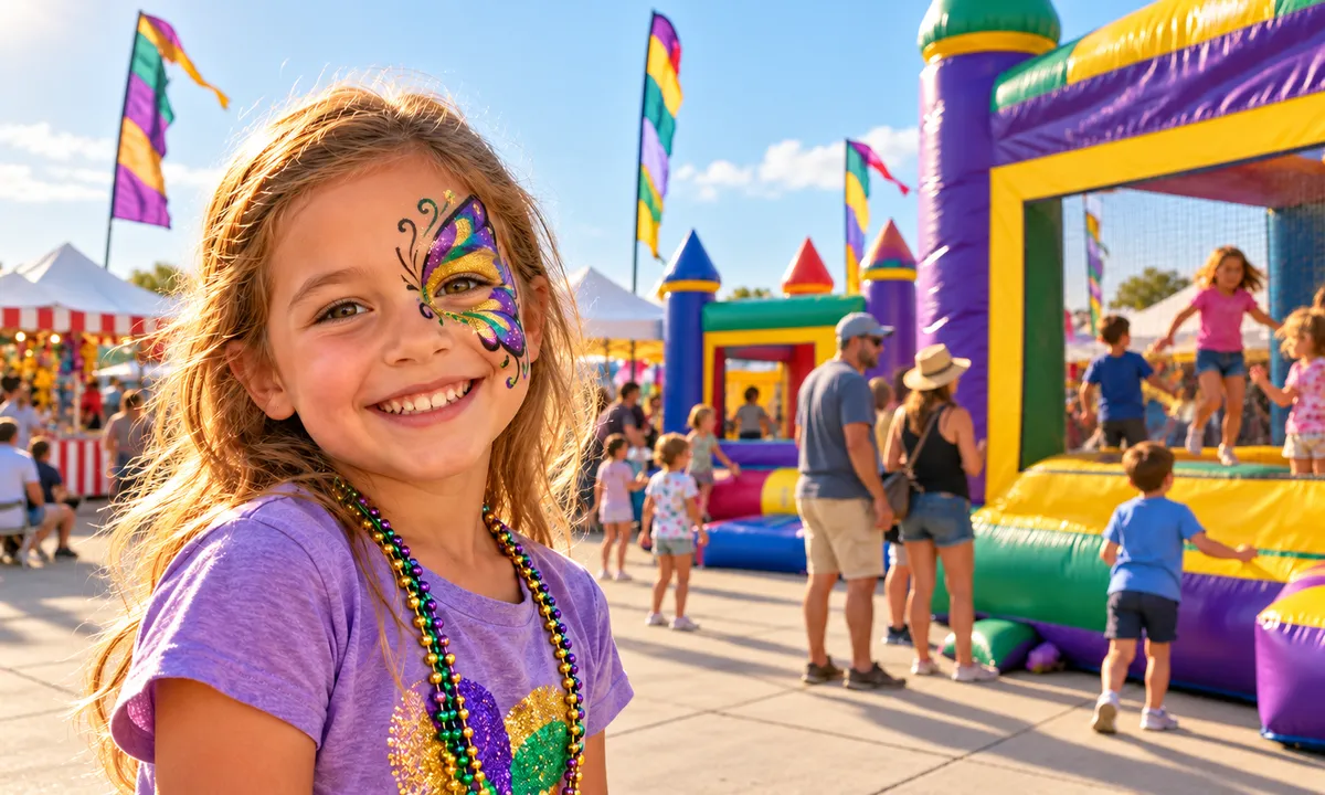 Smiling girl with butterfly face paint in front of bounce houses