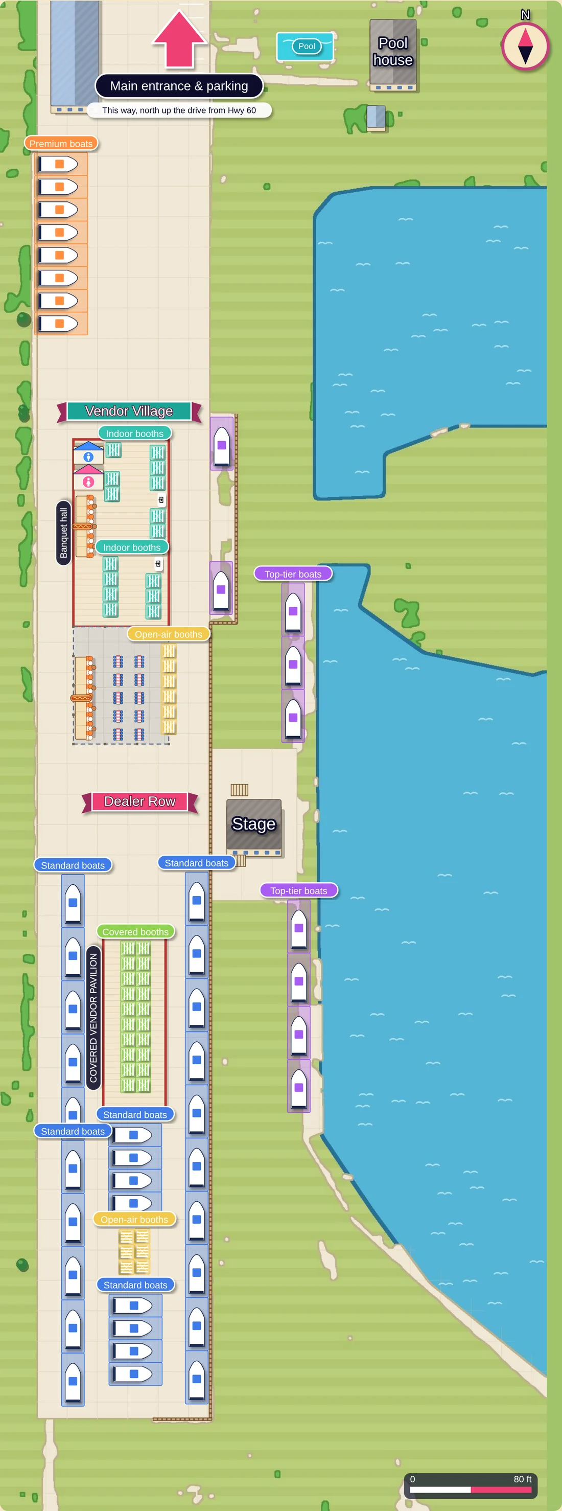 Illustrated map of the boat and vendor area at Rusty Hook Ranch. North is at the top. The main entrance and parking are up the drive to the north. Vendor Village and the banquet hall with indoor booths, restrooms and concession are at the north end, with a covered dining patio and bar. Dealer Row, the stage and the covered vendor pavilion are further south, with top-tier boats along the pond.